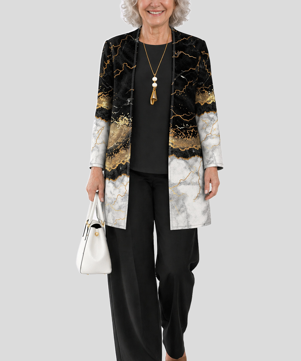 Damski komplet 3-częściowy: kardigan, bluzka i spodnie - Marmurkowy czarno-złoty