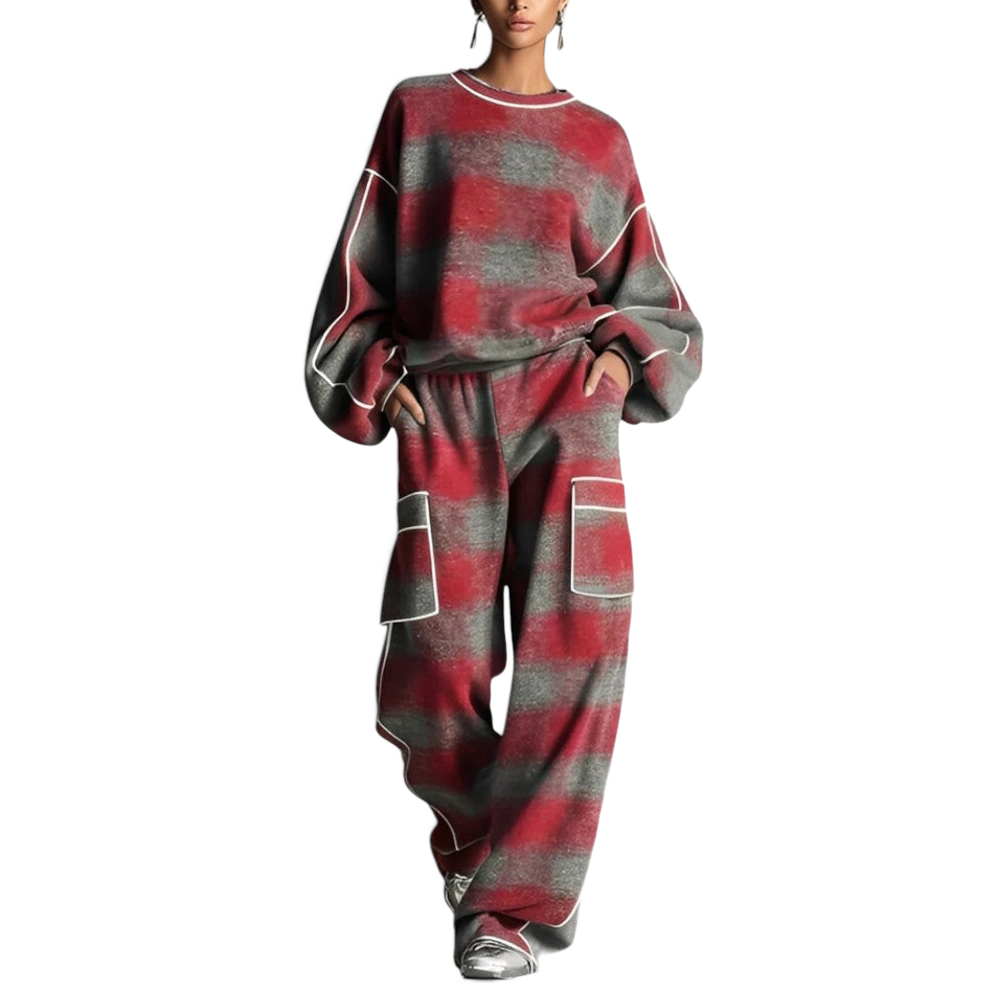 Damski komplet bluza oversize i spodnie w kratę - Czerwony