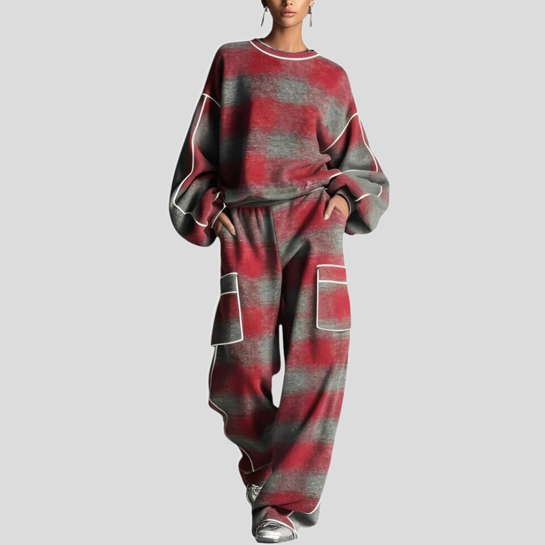 Damski komplet bluza oversize i spodnie w kratę - Czerwony