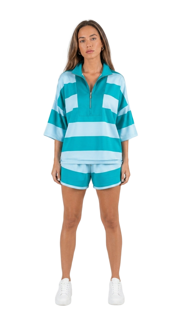 Damski sweter oversize w paski z kołnierzykiem i zamkiem