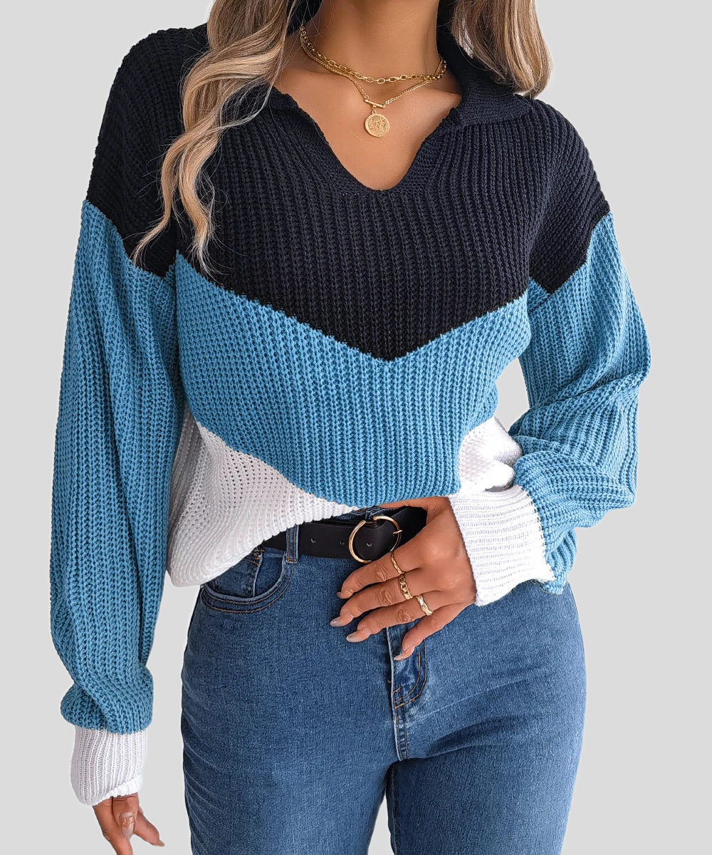 Damski sweter patchwork z bufiastymi rękawami