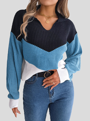 Damski sweter patchwork z bufiastymi rękawami