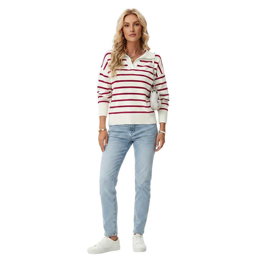 Damski sweter polo w paski z długim rękawem