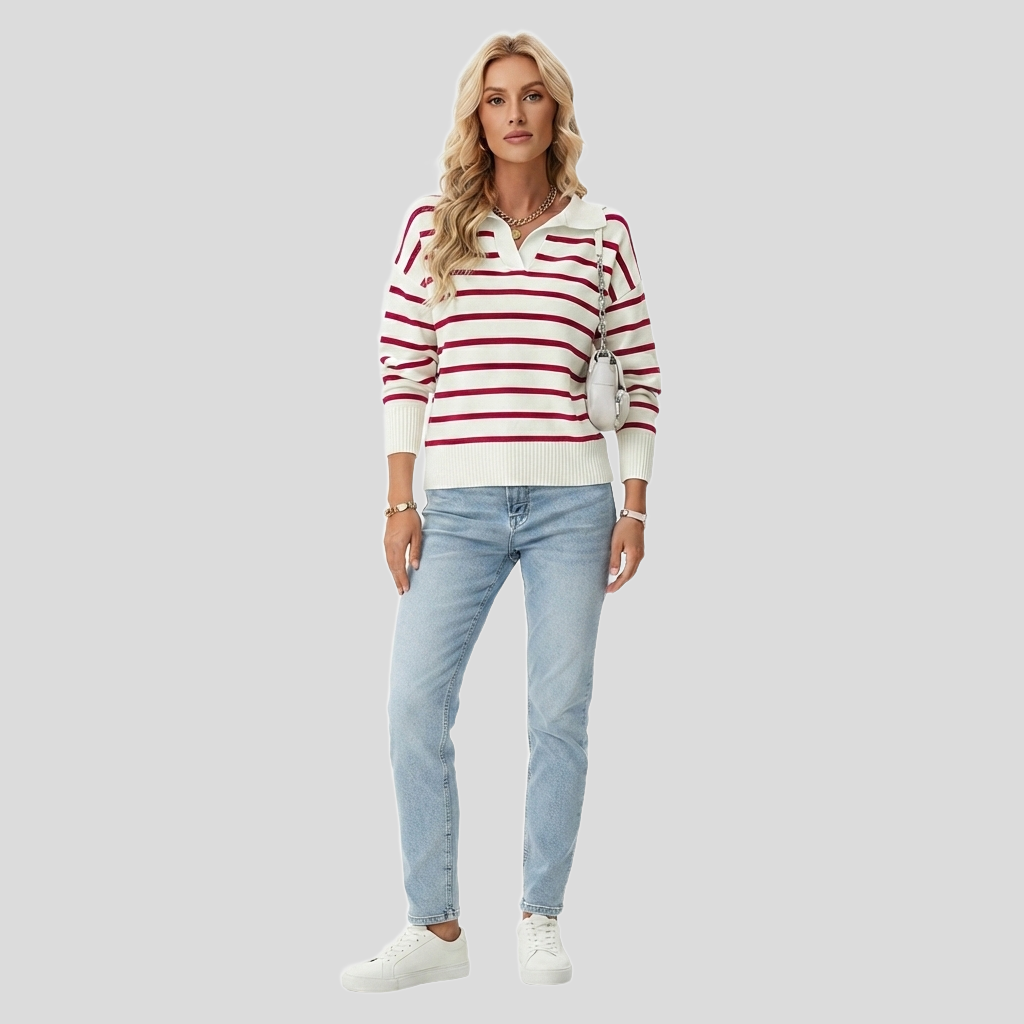 Damski sweter polo w paski z długim rękawem