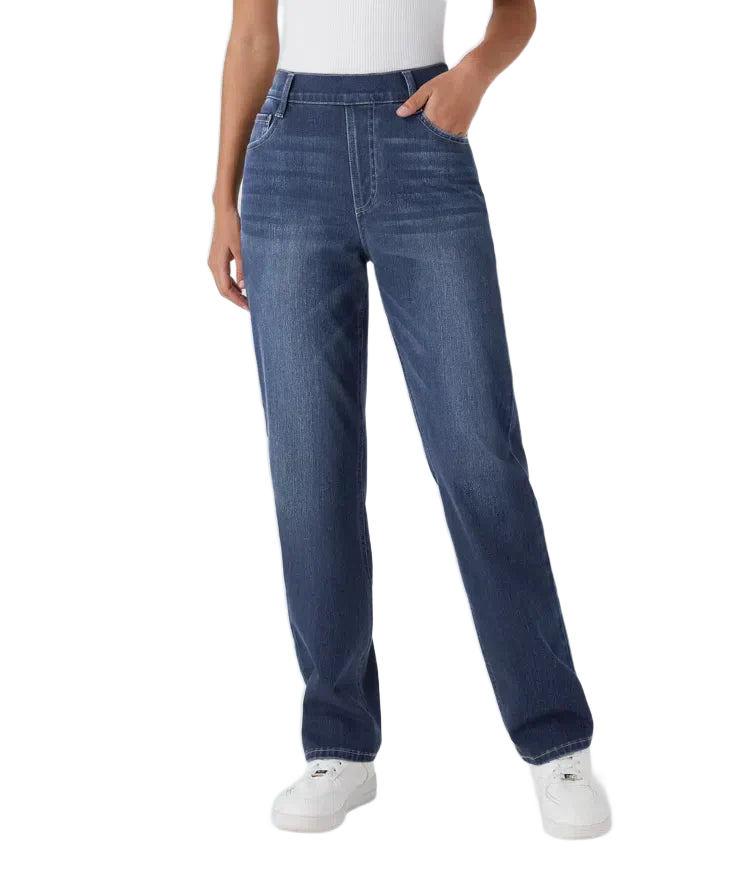 Damskie elastyczne spodnie z wysokim stanem - Niebieski denim