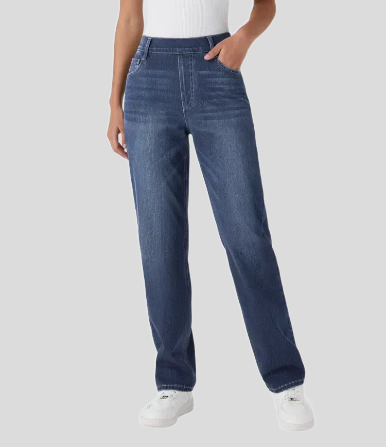 Damskie elastyczne spodnie z wysokim stanem - Niebieski denim