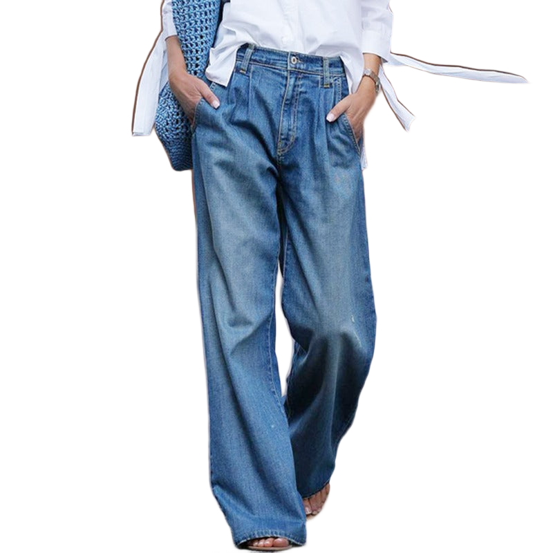 Damskie luźne jeansy w stylu retro - Niebieski