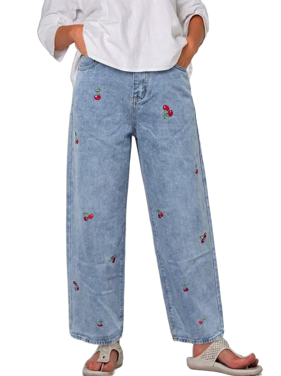 Damskie spodnie jeansowe z haftowanymi wisienkami - Niebieski